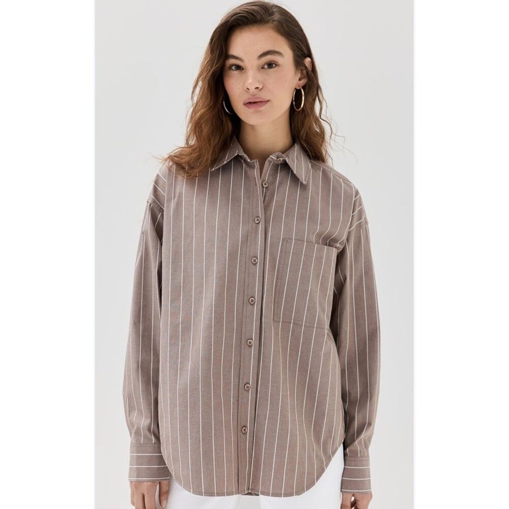 Good American Oversized Stripe Poplin Shirt Putty Taupe Brown Size Medium M